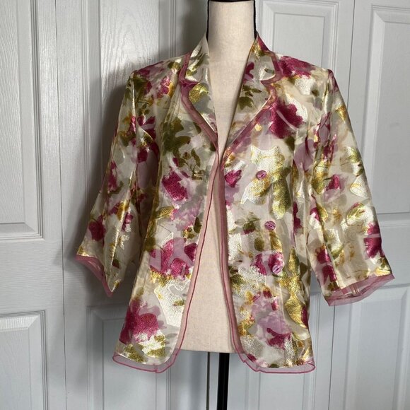 Button Front Watercolor Floral Jacket in a Silky Sheer Finish - Picture 6 of 7